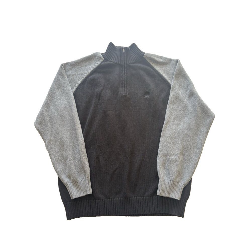 Tommy Hilfiger 1/4 Zip Sweater Mens XL Gray Black Jumper Chunky Knit Cotton Mock